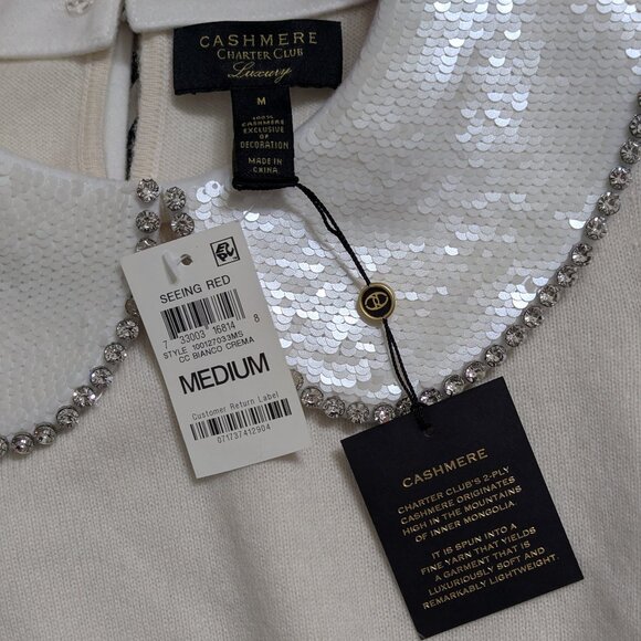 Charter Club 100% Cashmere Cream Sweater Detachable Sequin Collar M - Picture 3 of 4